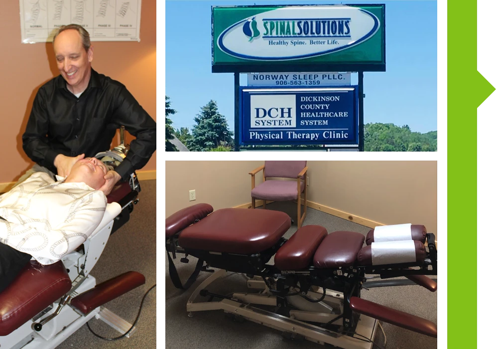 A collage of photos of the clinic and Dr. Murvich adjusting a patient