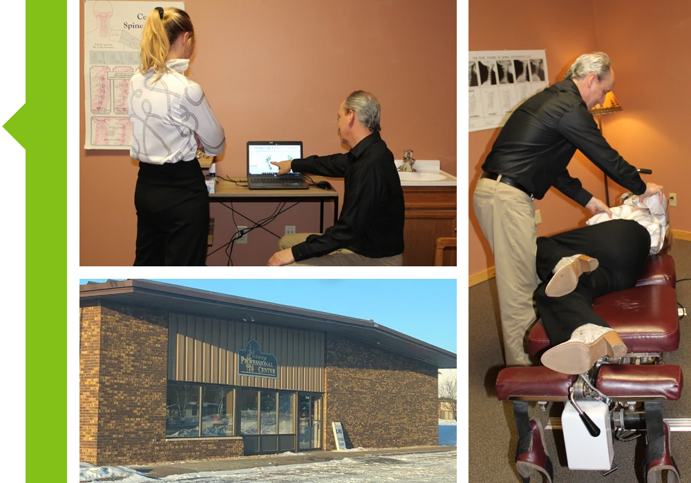 A collage of photos of Dr. Murvich treating and consulting patients